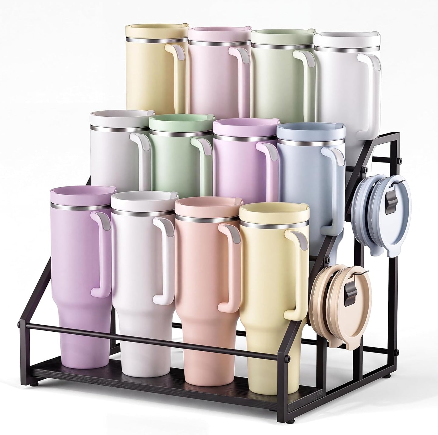 3-Tier Stanley Cup Holder for 12 Tumblers, Lid Organizer, Black Woo...