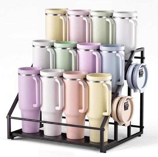 3-Tier Stanley Cup Holder for 12 Tumblers, Lid Organizer, Black Woo...