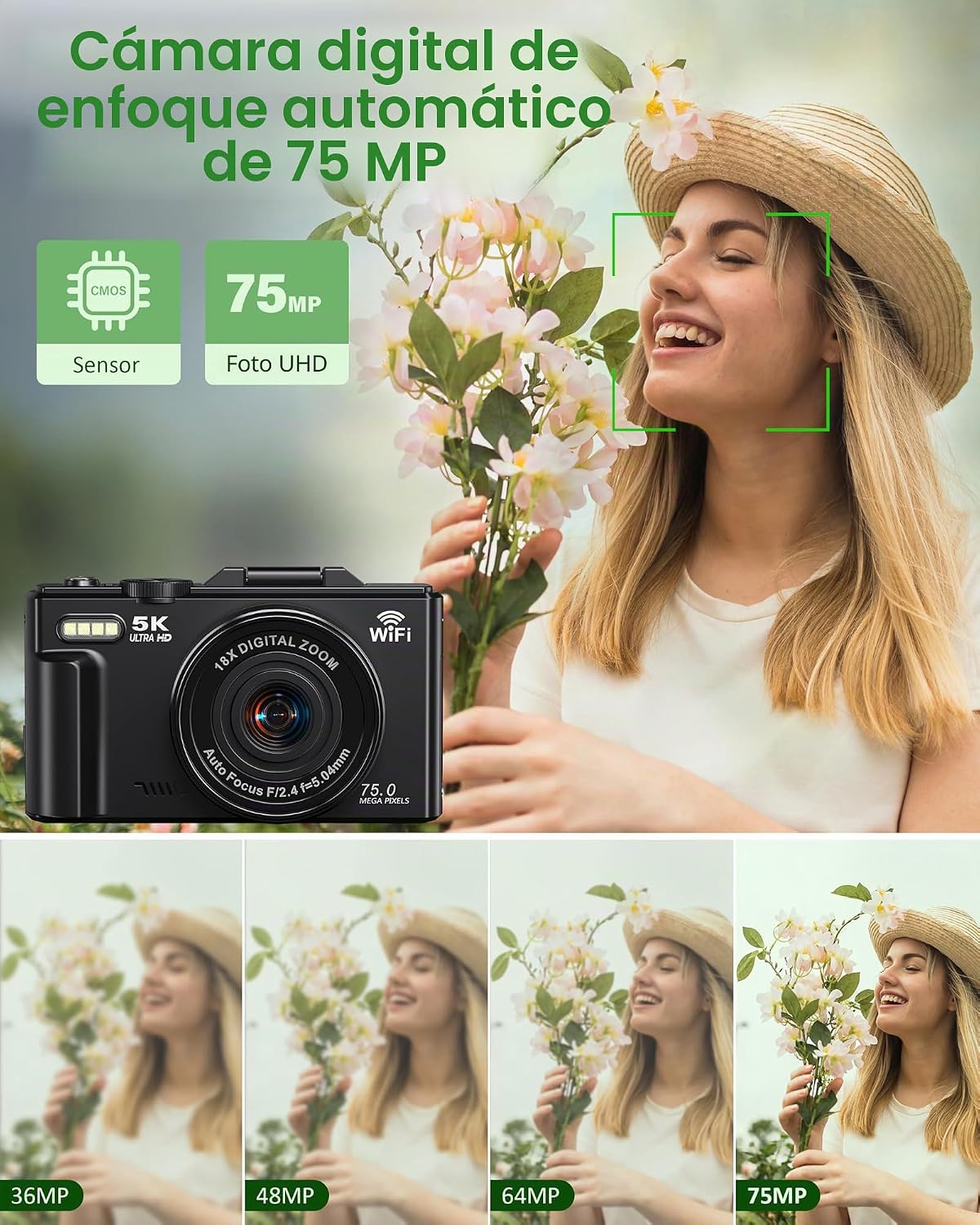 Cámara digital 5K para fotografía, cámara de vlogging WiFi de 75MP...