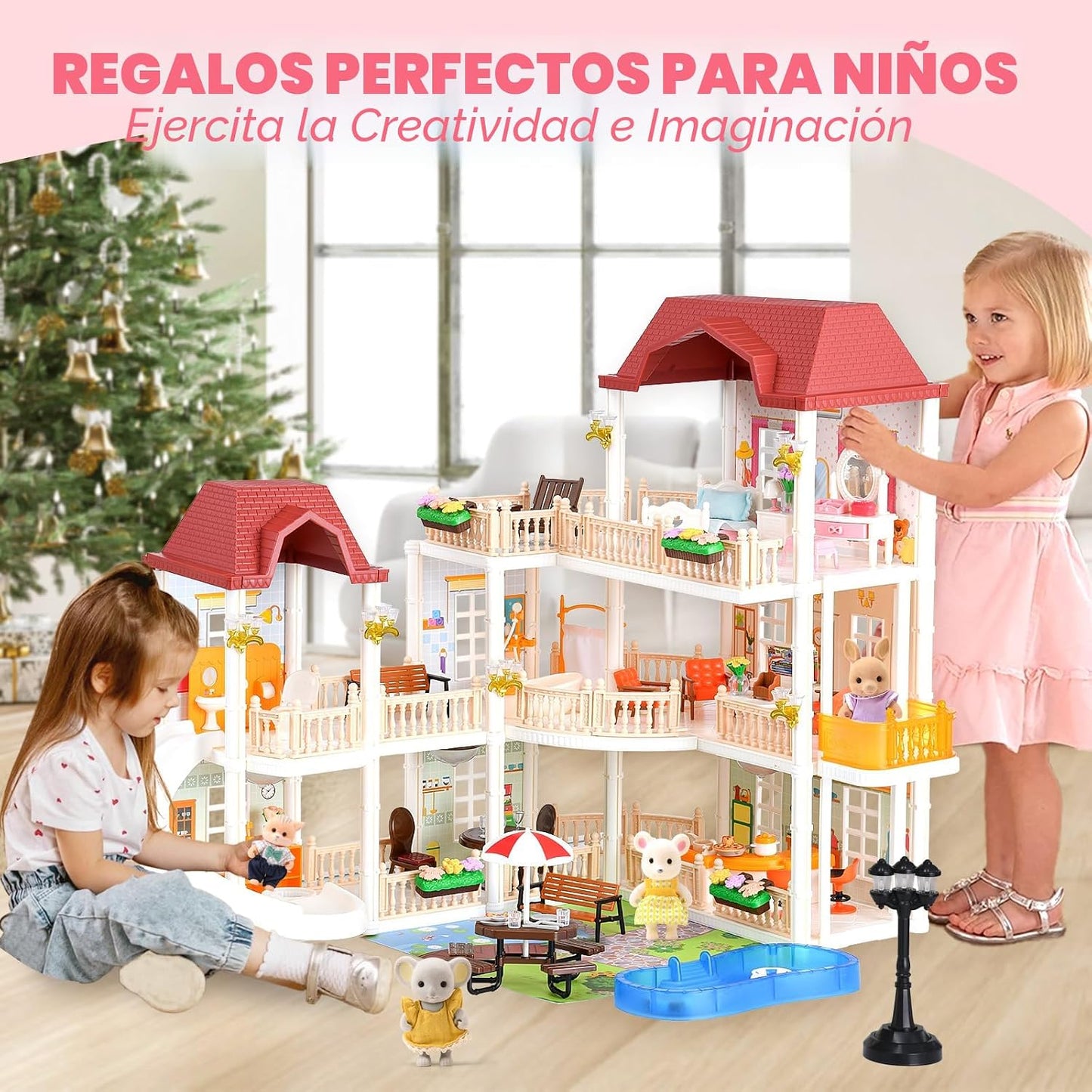 TUZT Casa de muñecas con 45 muebles y accesorios, 3 pisos con 4 muñ...