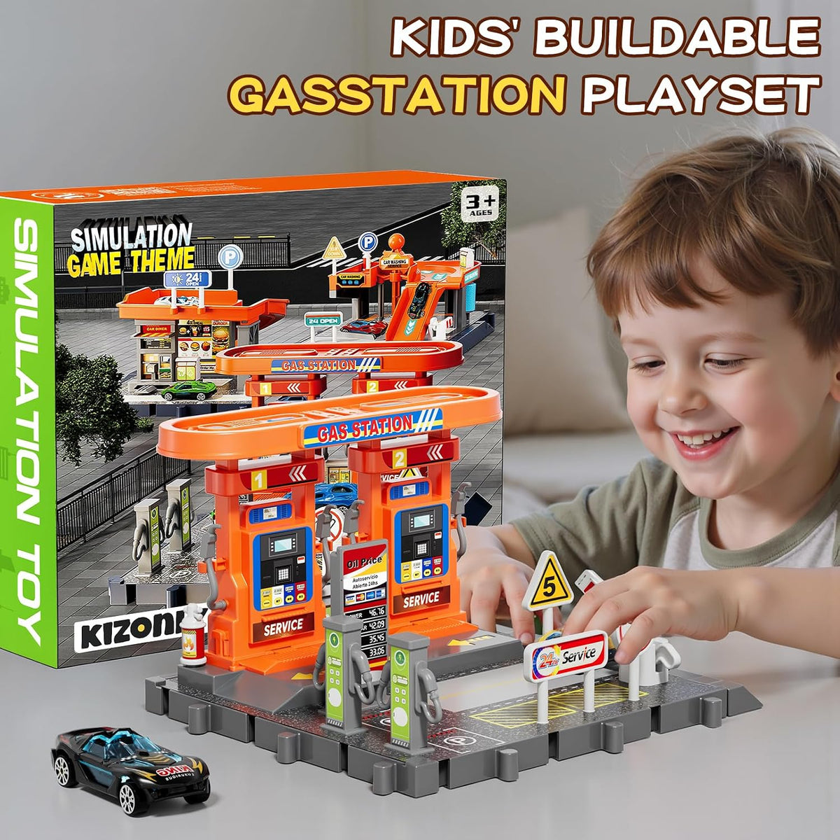 KIZONLY Juegos de coches de juguete, gasstation con mangueras móvil...