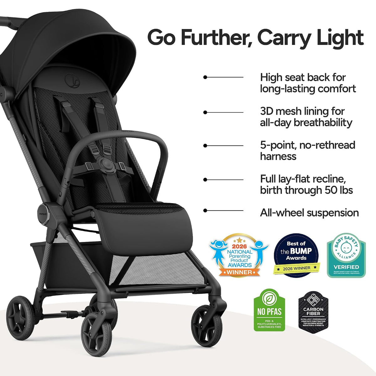 Mompush Nexis - Cochecito de viaje ligero de fibra de carbono, equi...