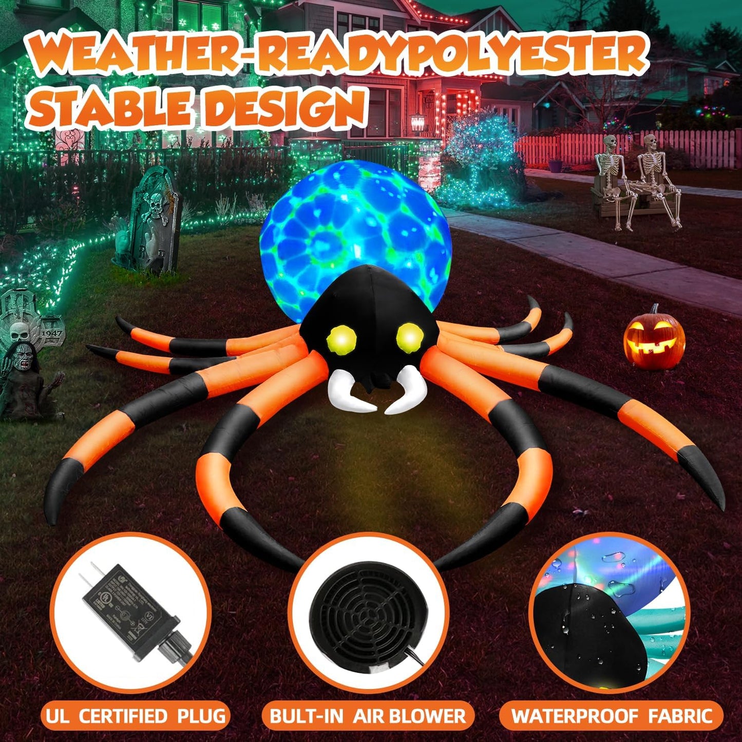 zukakii Araña inflable de Halloween de 12 pies con luces LED cambia...