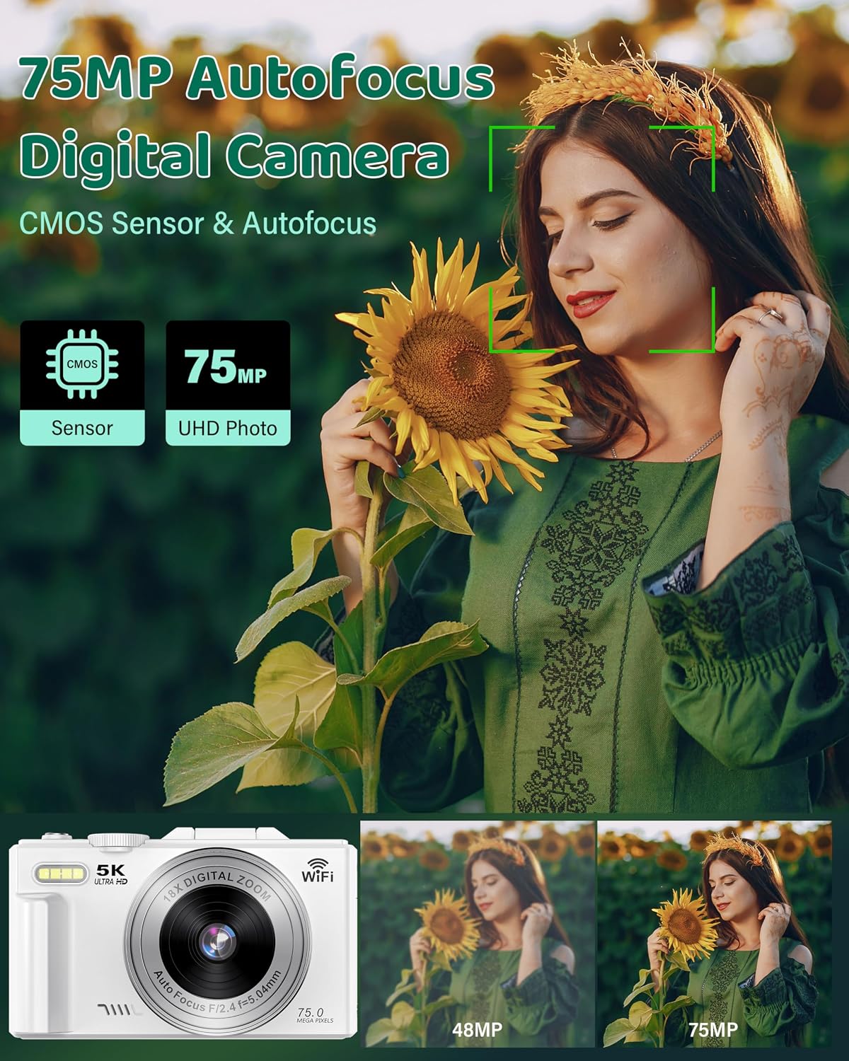 Cámara digital 5K Cámaras WiFi para fotografía 75MP UHD Autofocus V...
