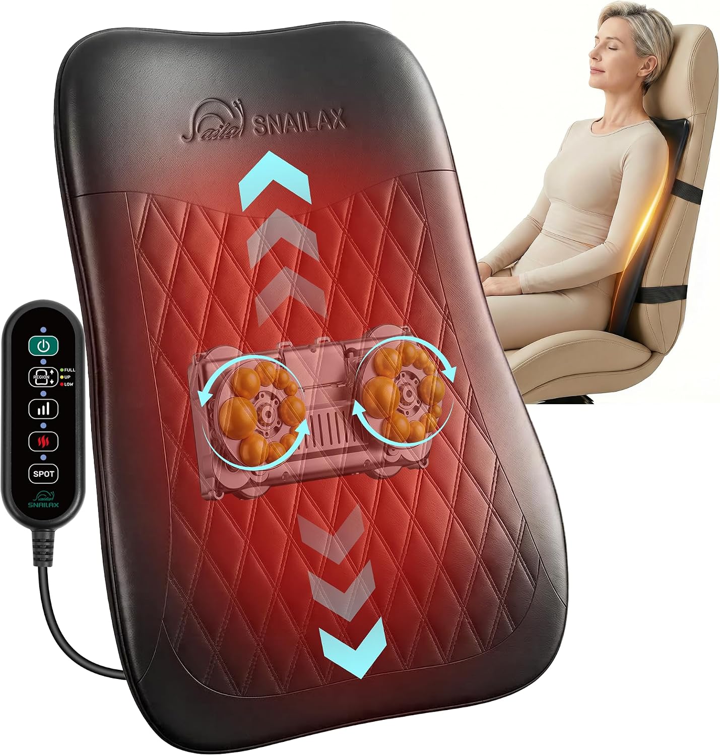 Snailax Masajeador de espalda Shiatsu con calor, cojín de masaje de...