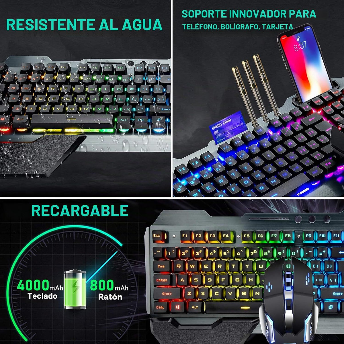 Teclado y ratón inalámbricos para juegos RGB con retroiluminación d...