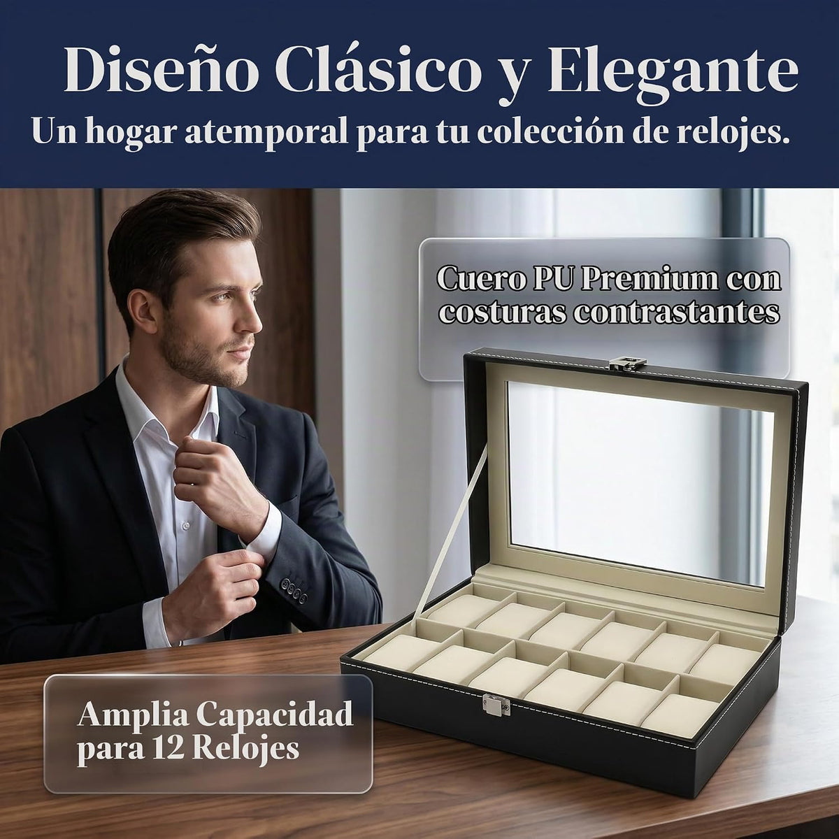 Hedume Caja de reloj de cuero con 12 ranuras para reloj, organizado...