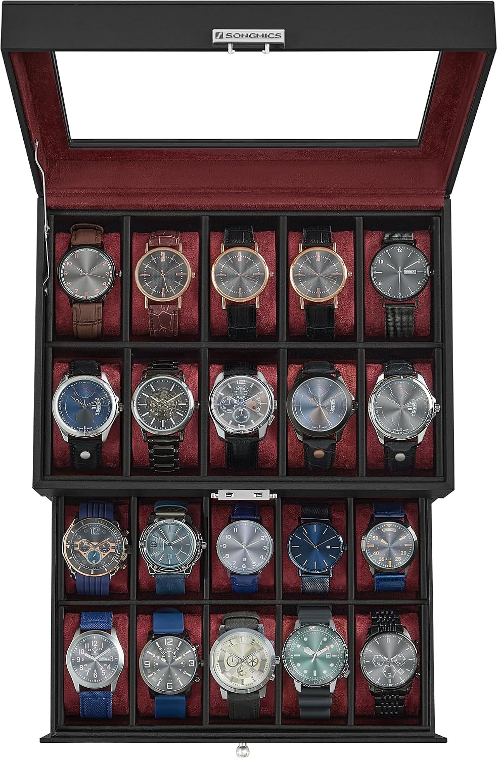 SONGMICS - Caja de reloj con 20 ranuras, 2 capas, tapa de cristal,...