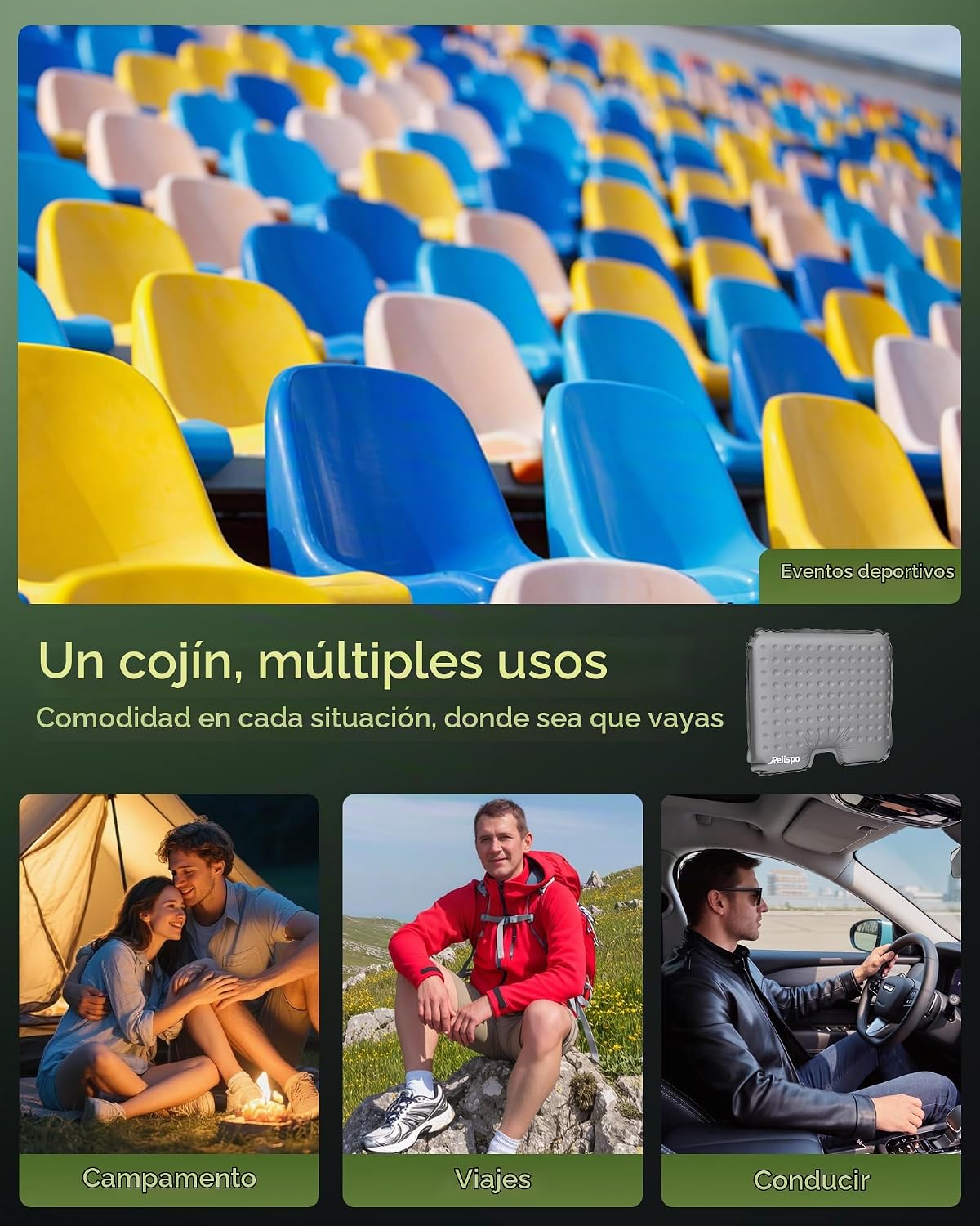 Relispo Cojín autoinflable para asiento de estadio | Cojín ergonómi...