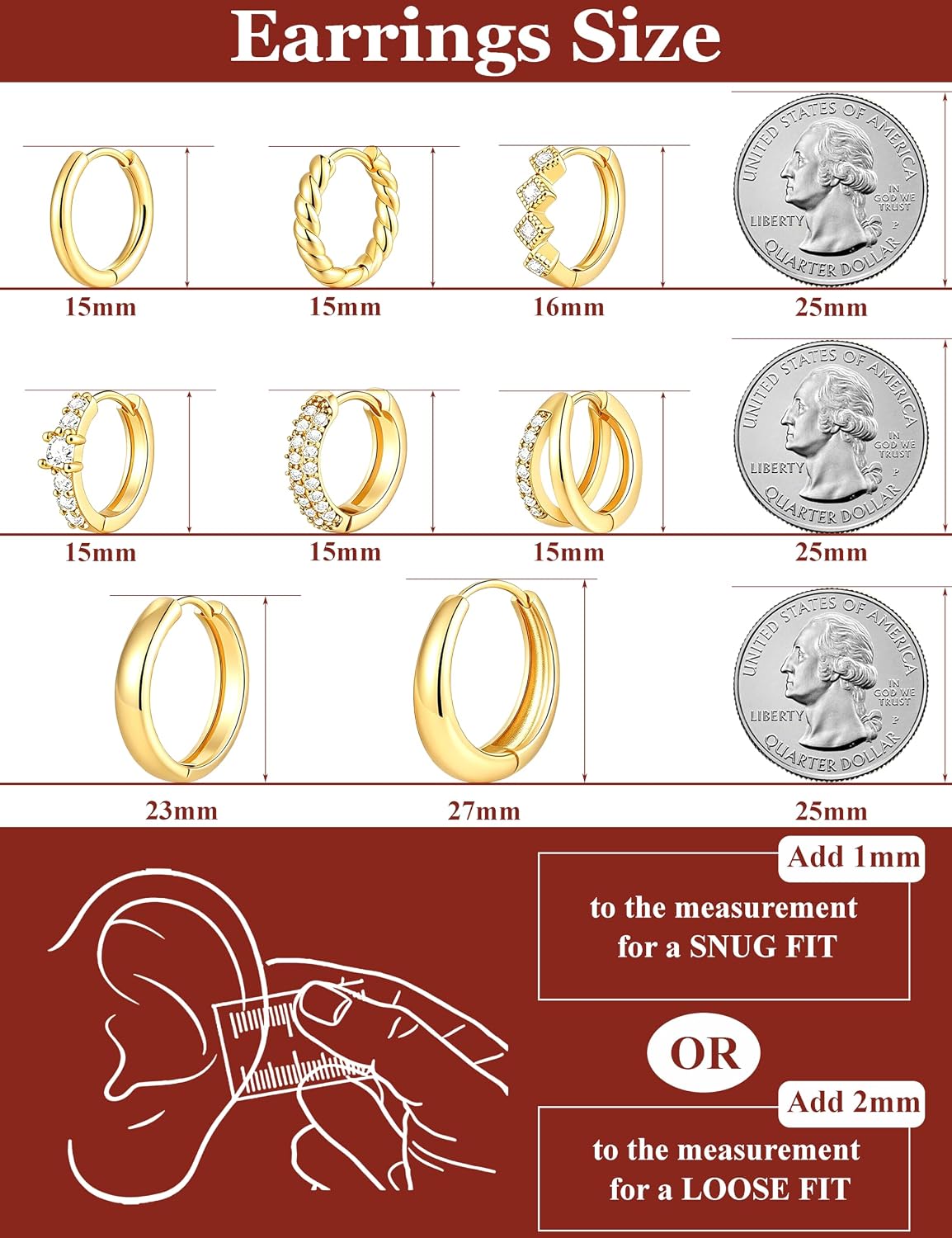 Juego de 8 pares de aretes de aro chapados en oro de 14 quilates co...