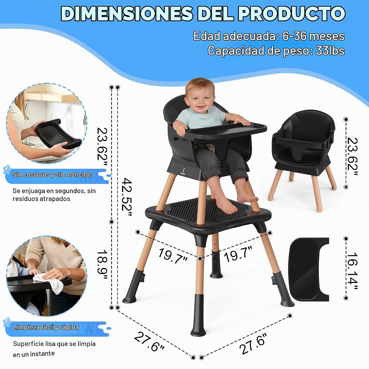 Silla alta 6 en 1 para bebés y niños pequeños, silla alta para bebé...
