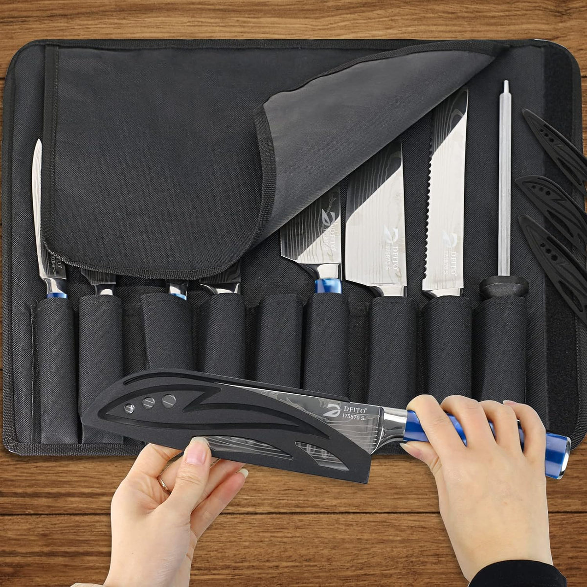 Dfito Juego de cuchillos de chef con bolsa enrollable, juego de cuc...