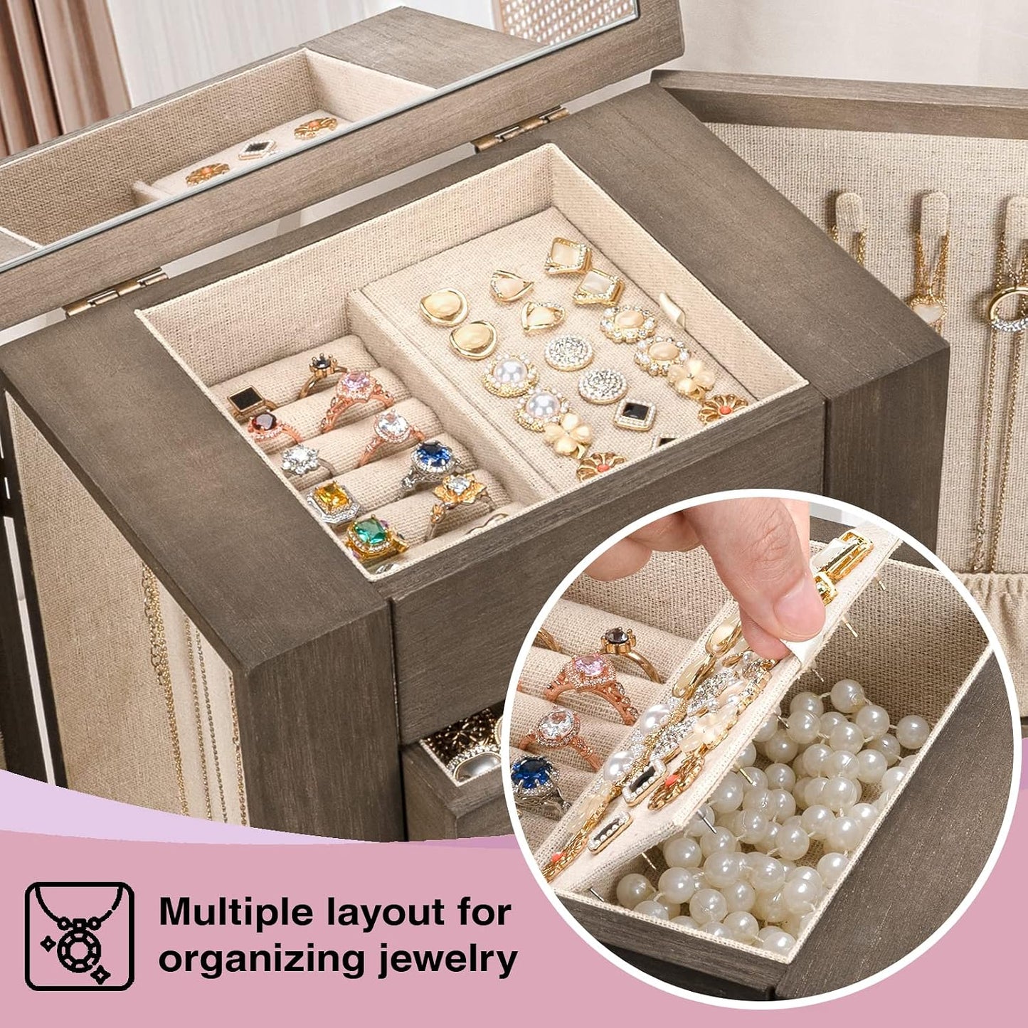 Emfogo - Joyero para mujer, cajas de joyería de madera grandes de 5...