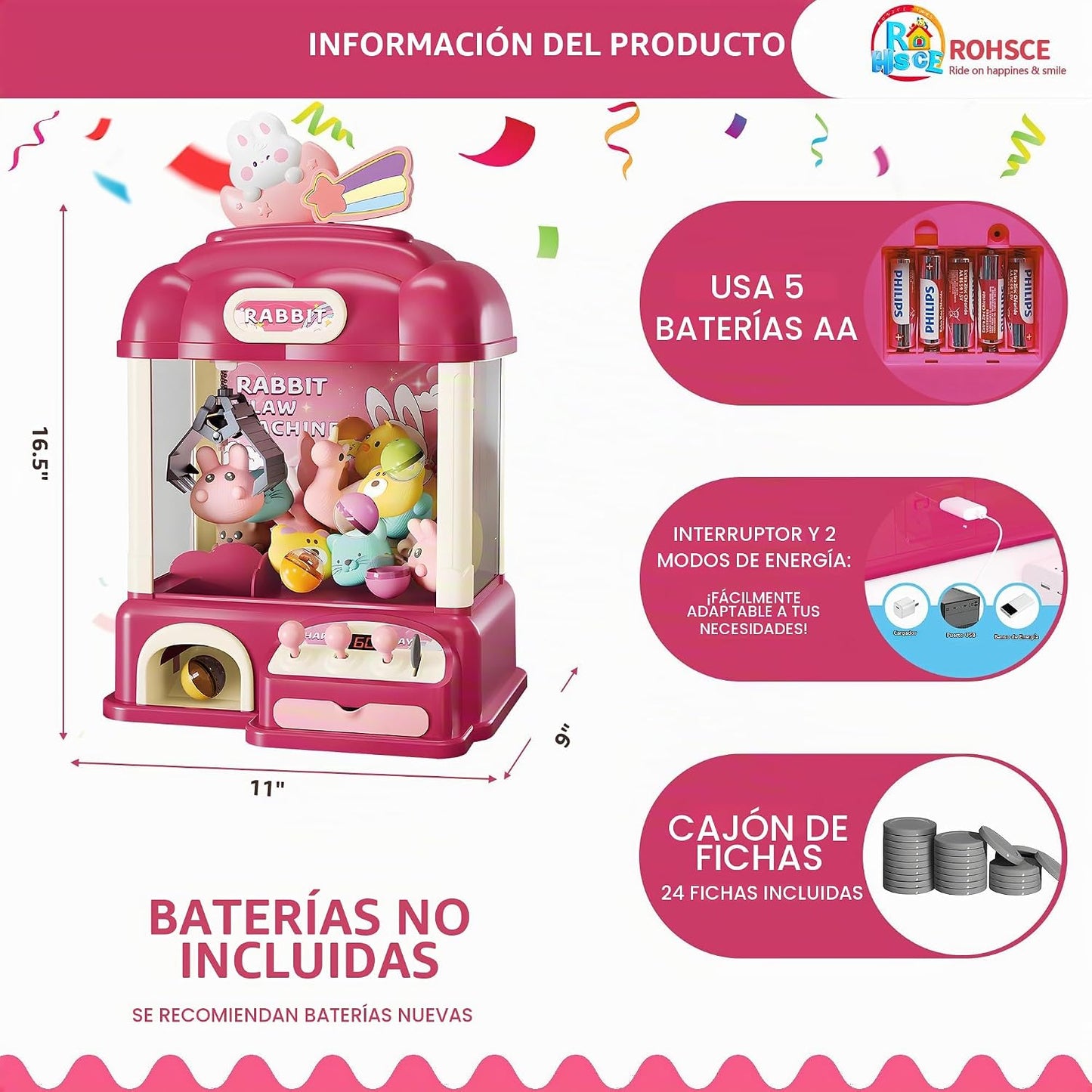 ROHSCE Máquina de garras para niños con juguetes en el interior, lu...