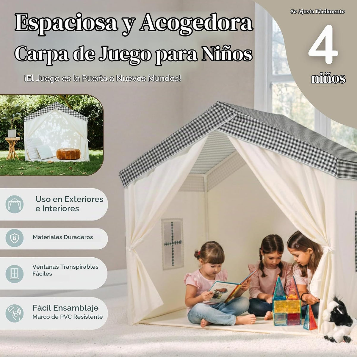 Tienda de campaña grande para niños, casa de juegos interior con 2...