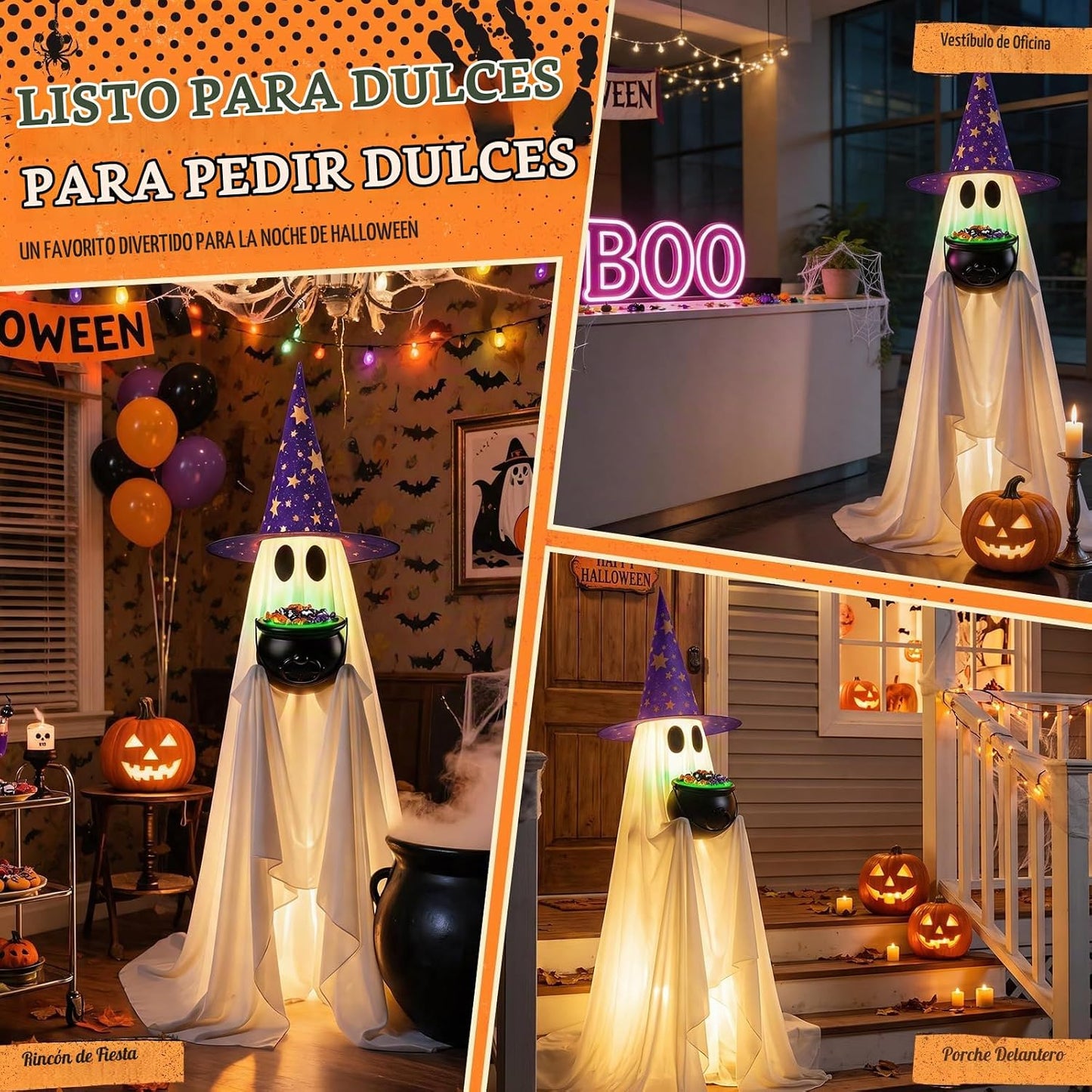 Decoración de fantasmas de dulces de Halloween con caldero iluminad...