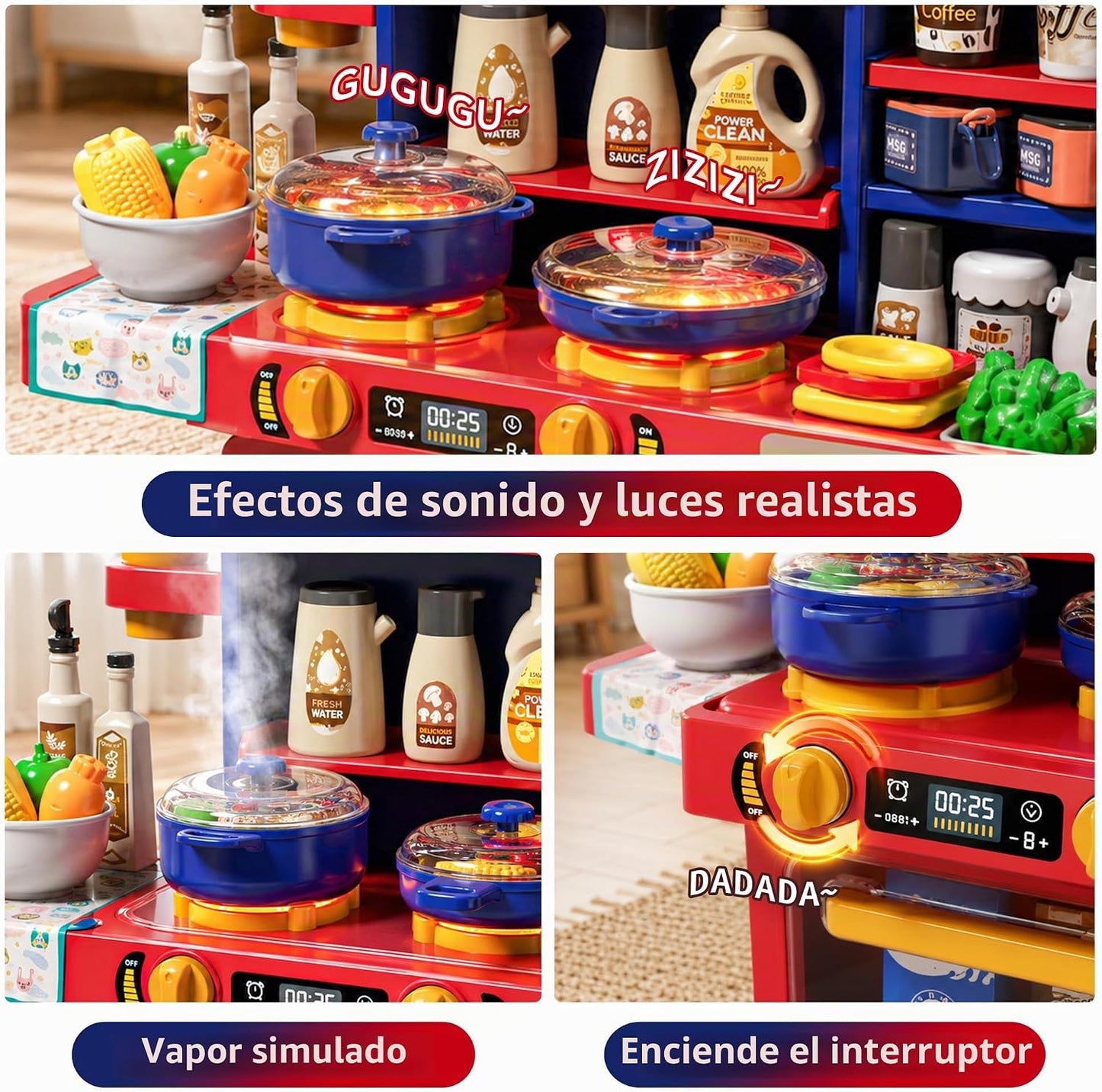 STACTCUTE Cocina de juguete de 33,8 pulgadas con sonido, luz y estu...