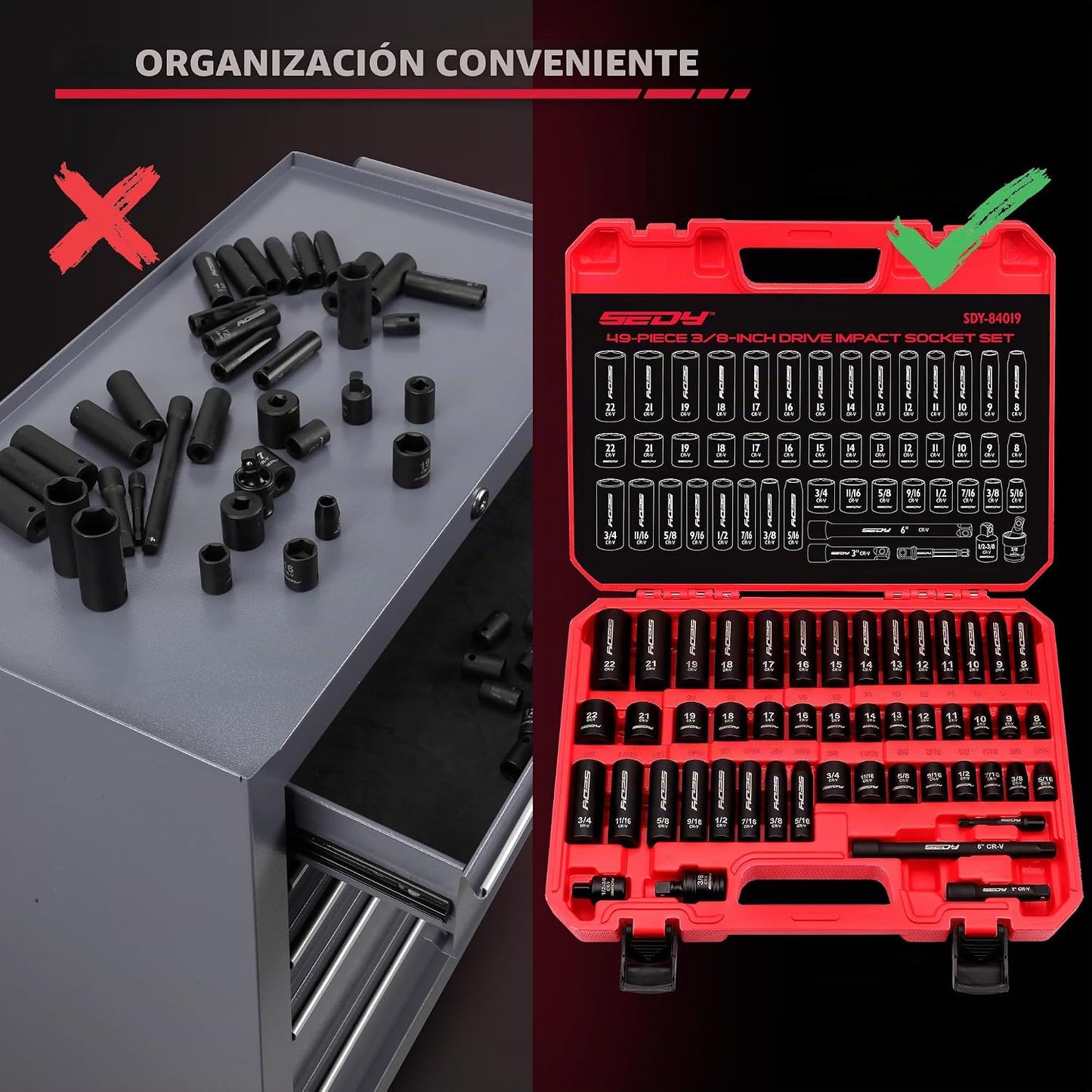 Juego de llaves de vaso de impacto de 3\/8" - 49 piezas SAE (5\...