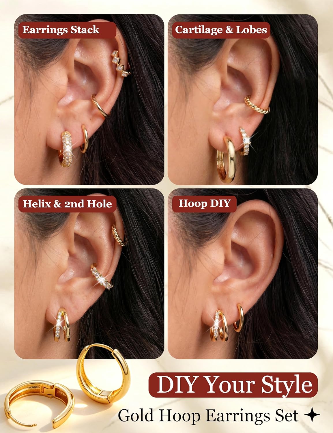 Juego de 8 pares de aretes de aro chapados en oro de 14 quilates co...