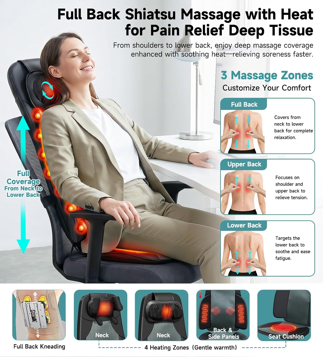 Flekzo Masajeador de espalda para silla con calor, shiatsu cuello y...