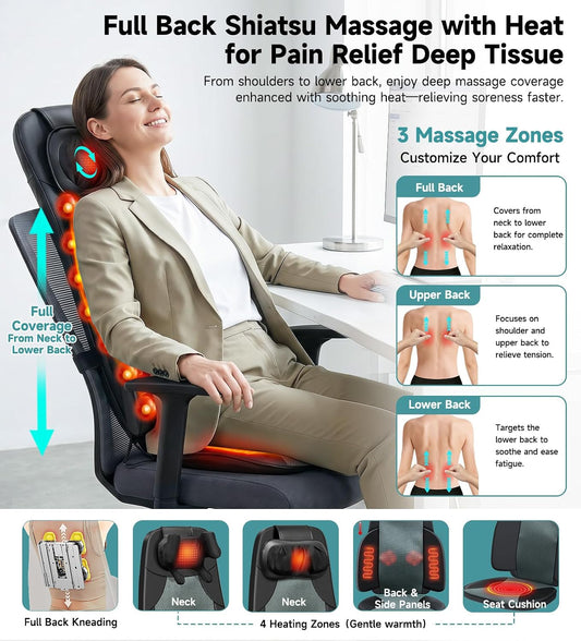Flekzo Masajeador de espalda para silla con calor, shiatsu cuello y...