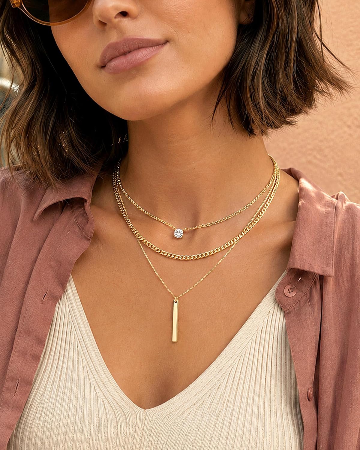 GUOKE Collares de oro en capas para mujer, chapado en oro de 14 qui...