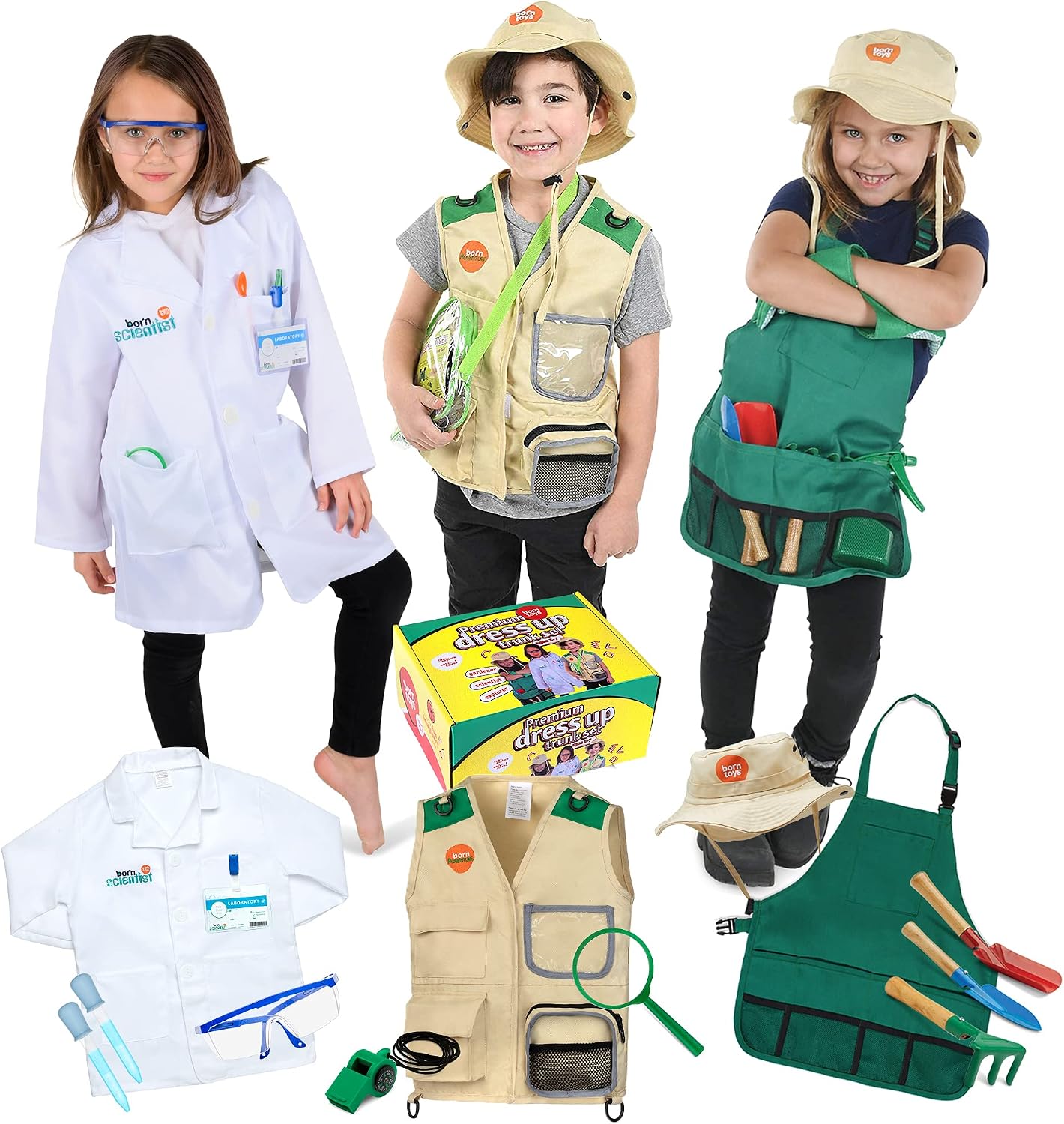 Born Toys Ropa de vestir 3 en 1 para niños Científico Jardinero Saf...