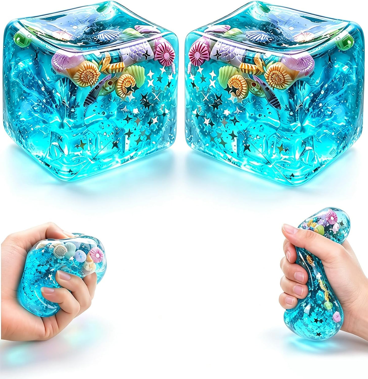 2 bolas antiestrés de cubo azul, juguetes blandos con conchas de oc...