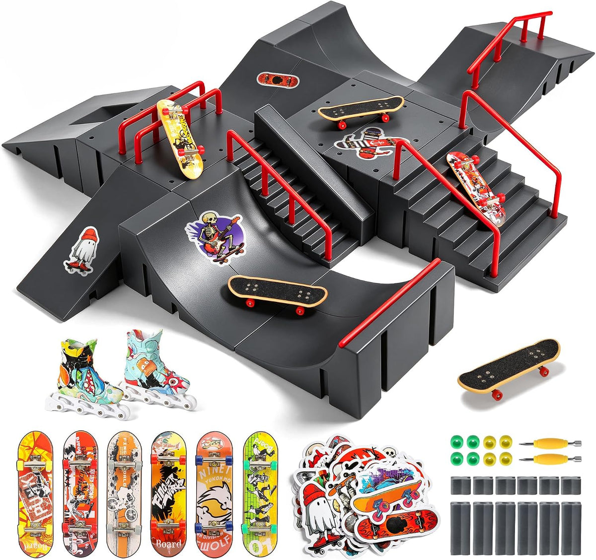 RNGODO Kit de parque de patinetas para niños, 14 en 1, mini rampa d...