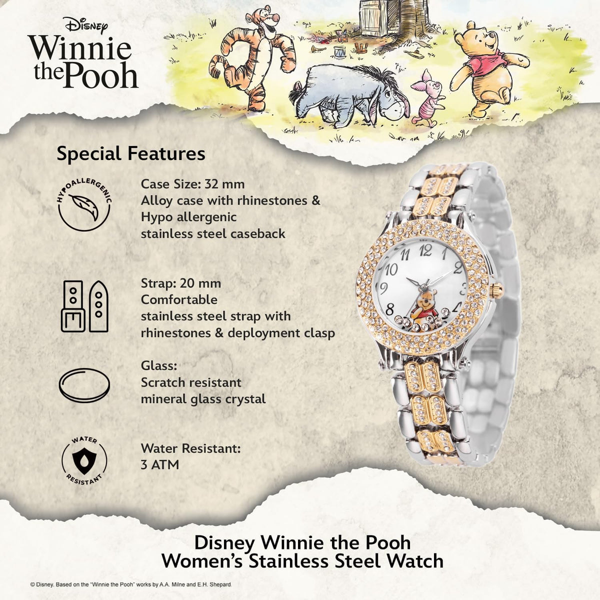 Disney Reloj de pulsera de piedras flotantes de cuarzo análogo redo...