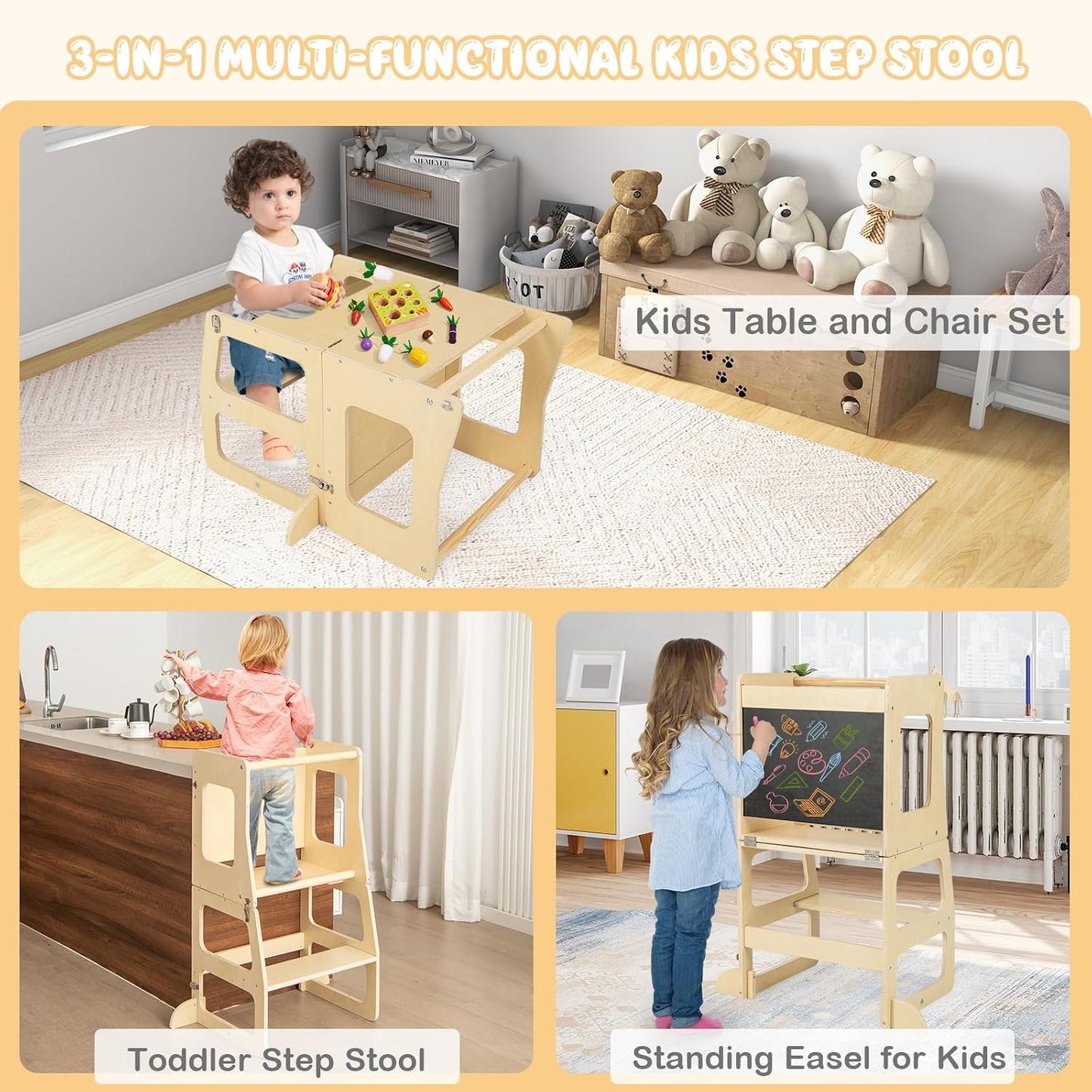 Costzon - Taburete 3 en 1 para niños pequeños con pizarra | Pies an...