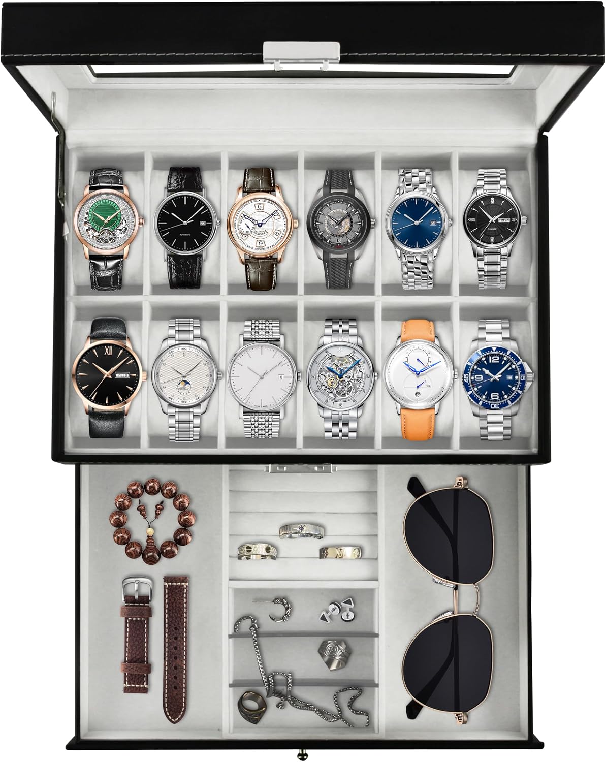 Ogrmar Cajas de almacenamiento de relojes con 12 ranuras de cuero P...