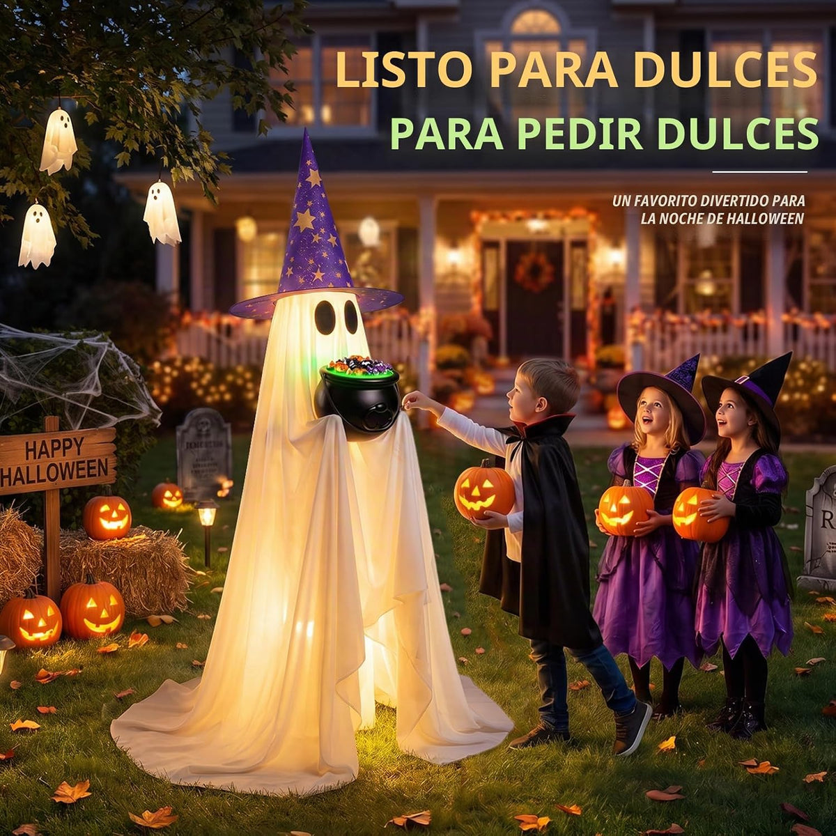Decoración de fantasmas de dulces de Halloween con caldero iluminad...