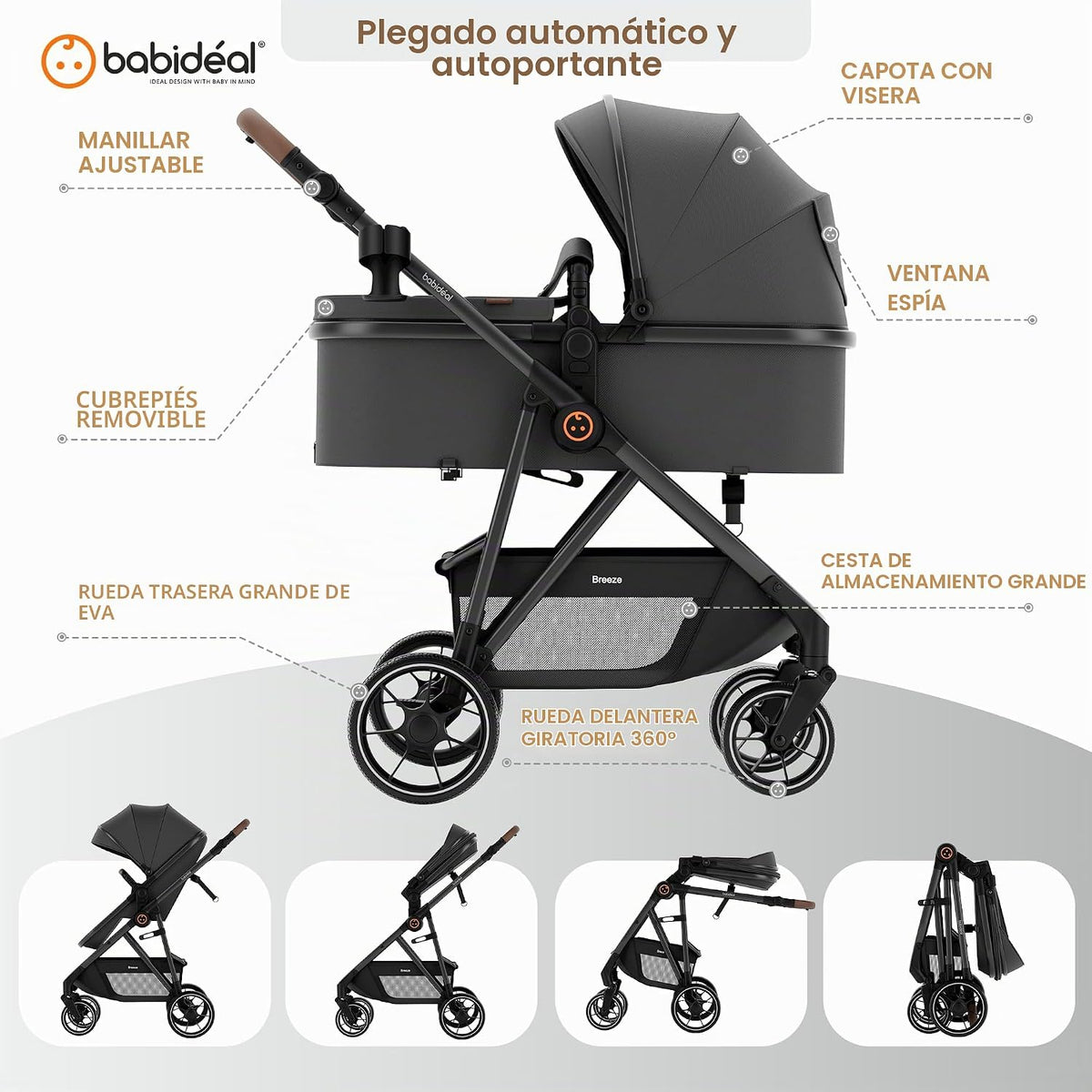 Babideal Cochecito de bebé para recién nacido y niño, plegado con u...
