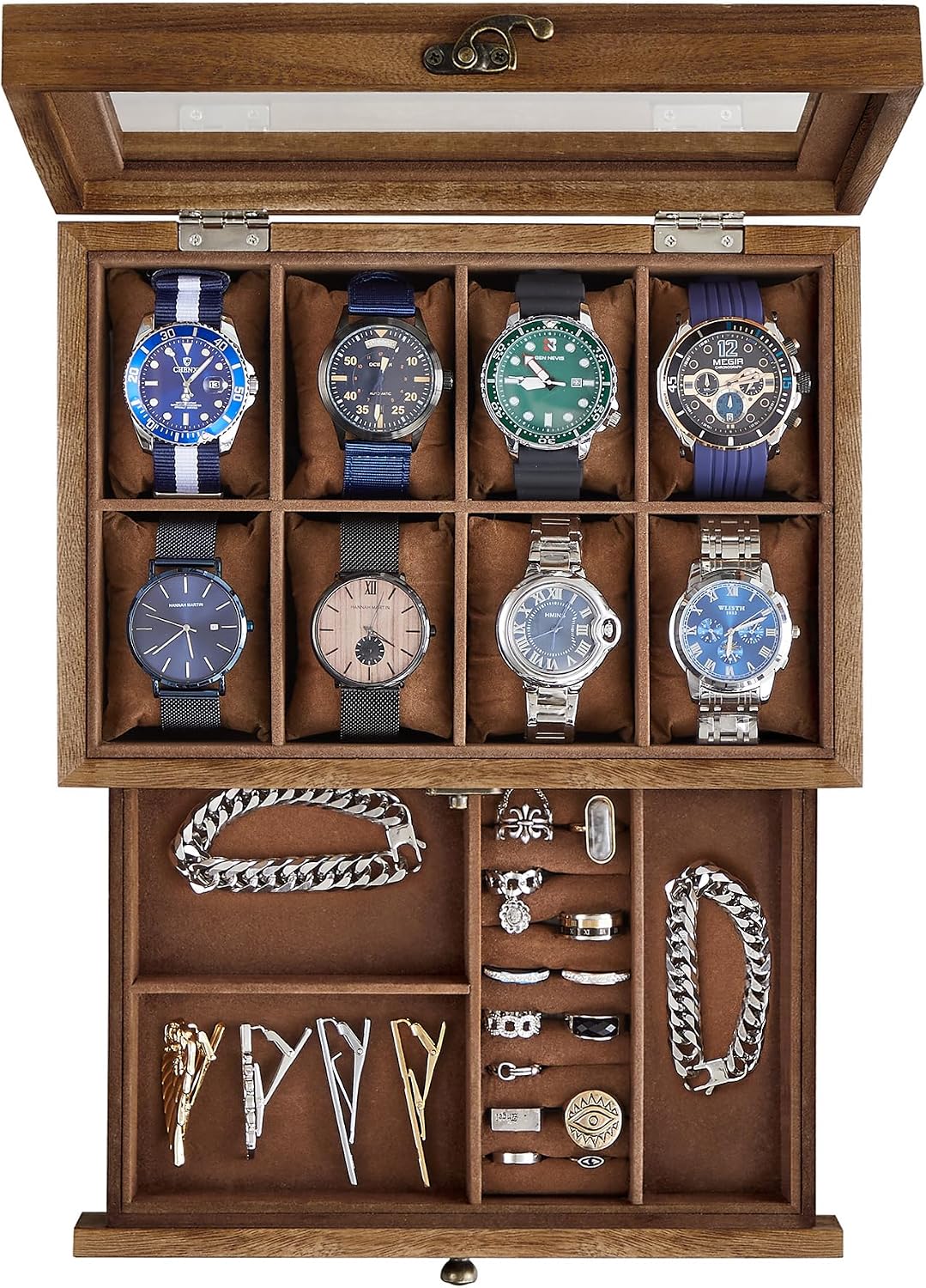 SONGMICS Caja de reloj de madera de 8 ranuras, vitrina con tapa de...