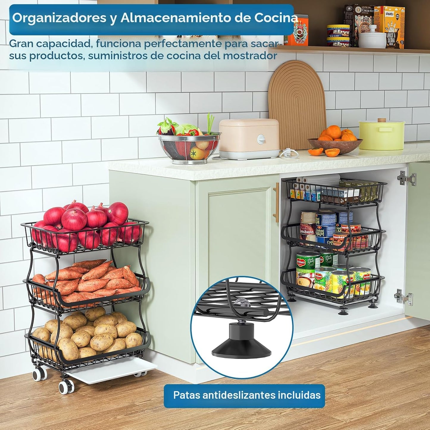 OKZEST Organizador de piso de despensa rodante de 3 niveles y carri...