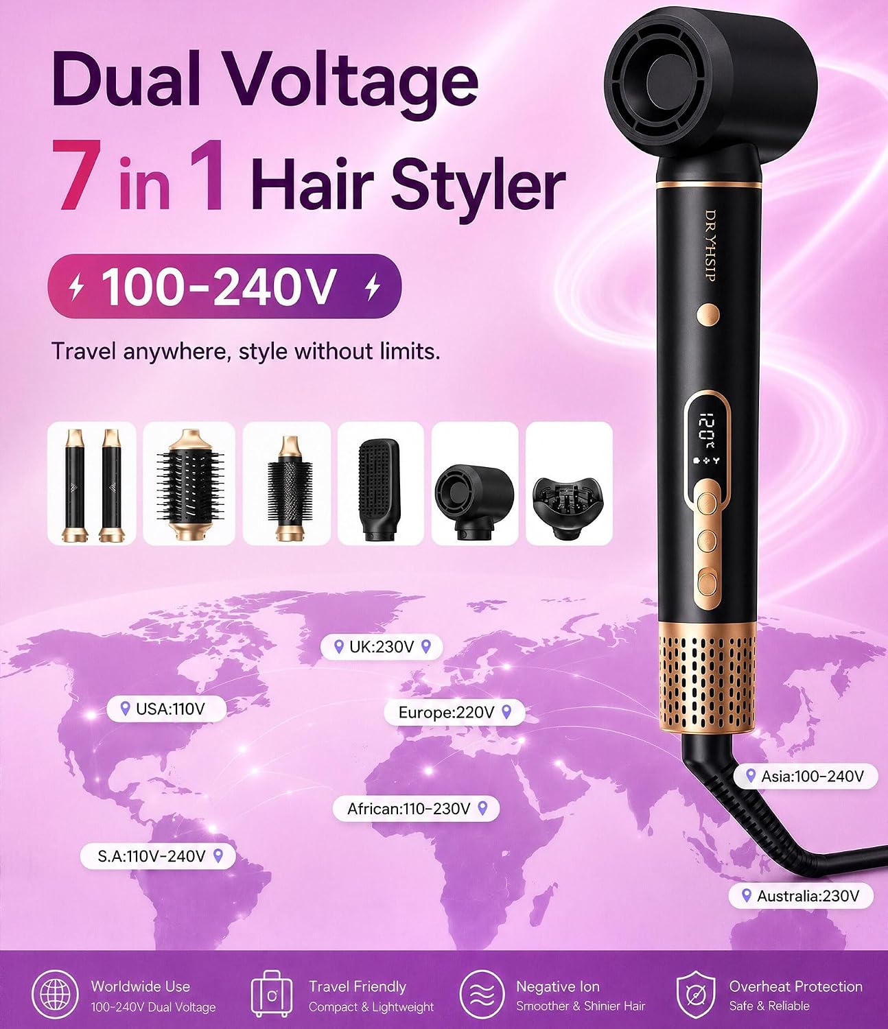 Purtitwe Cepillo secador de pelo de doble voltaje para viajes, herr...