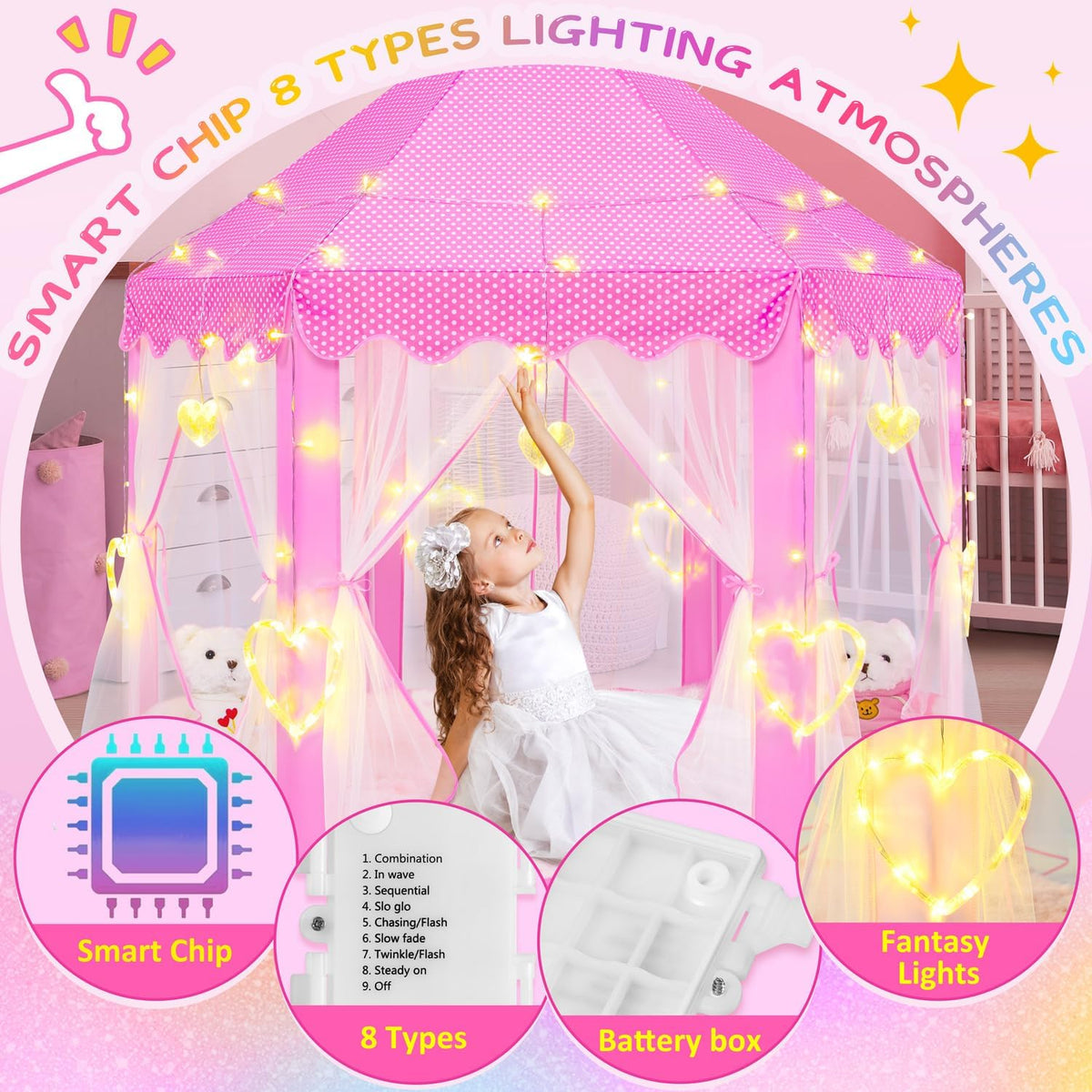 EVOIONOS Tienda de campaña de princesa para niñas con grandes luces...