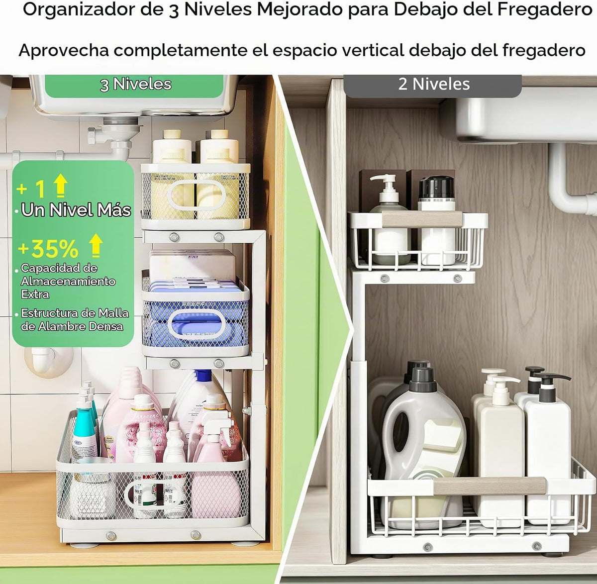 Organizador de 3 niveles para debajo del fregadero, organizador de...
