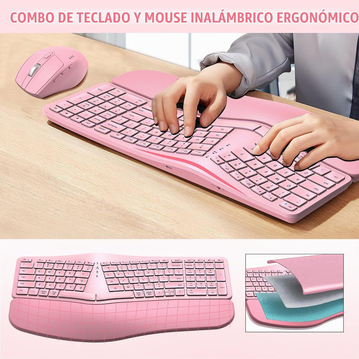 MK960 Combo de teclado inalámbrico ergonómico, teclado de diseño di...