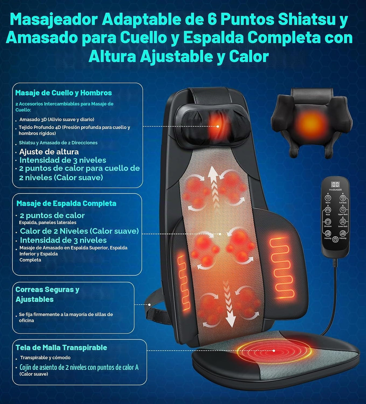 Shiatsu Masajeador de cuello y espalda para silla con calor, 2 cabe...