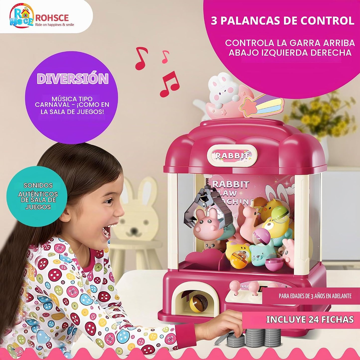 ROHSCE Máquina de garras para niños con juguetes en el interior, lu...