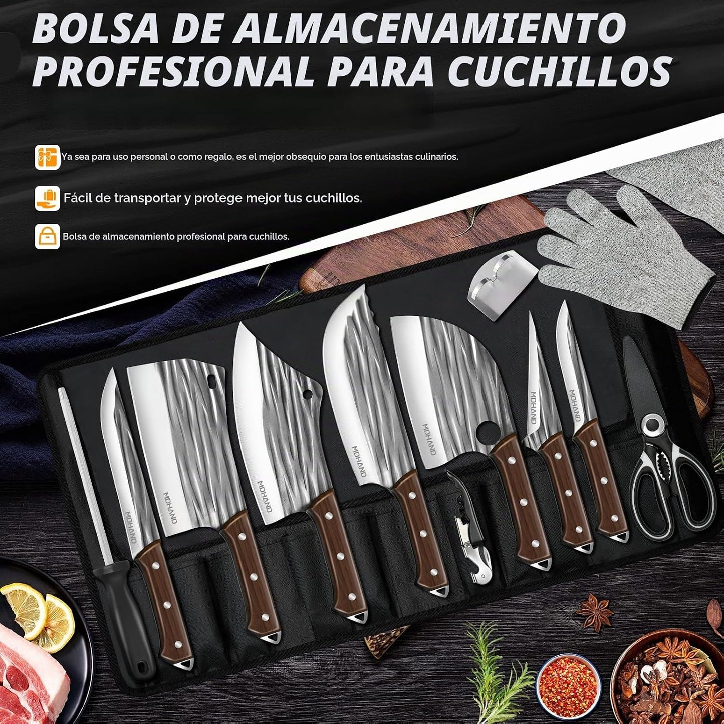 MDHAND 14 piezas de juego de cuchillos de carnicero profesional con...