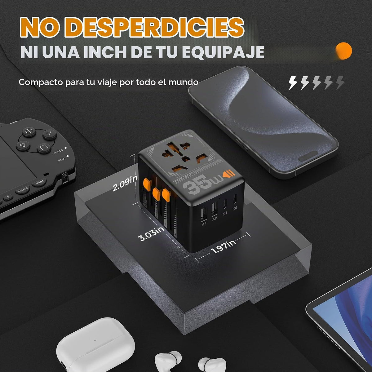 TESSAN Adaptador de viaje universal, adaptador de enchufe internaci...