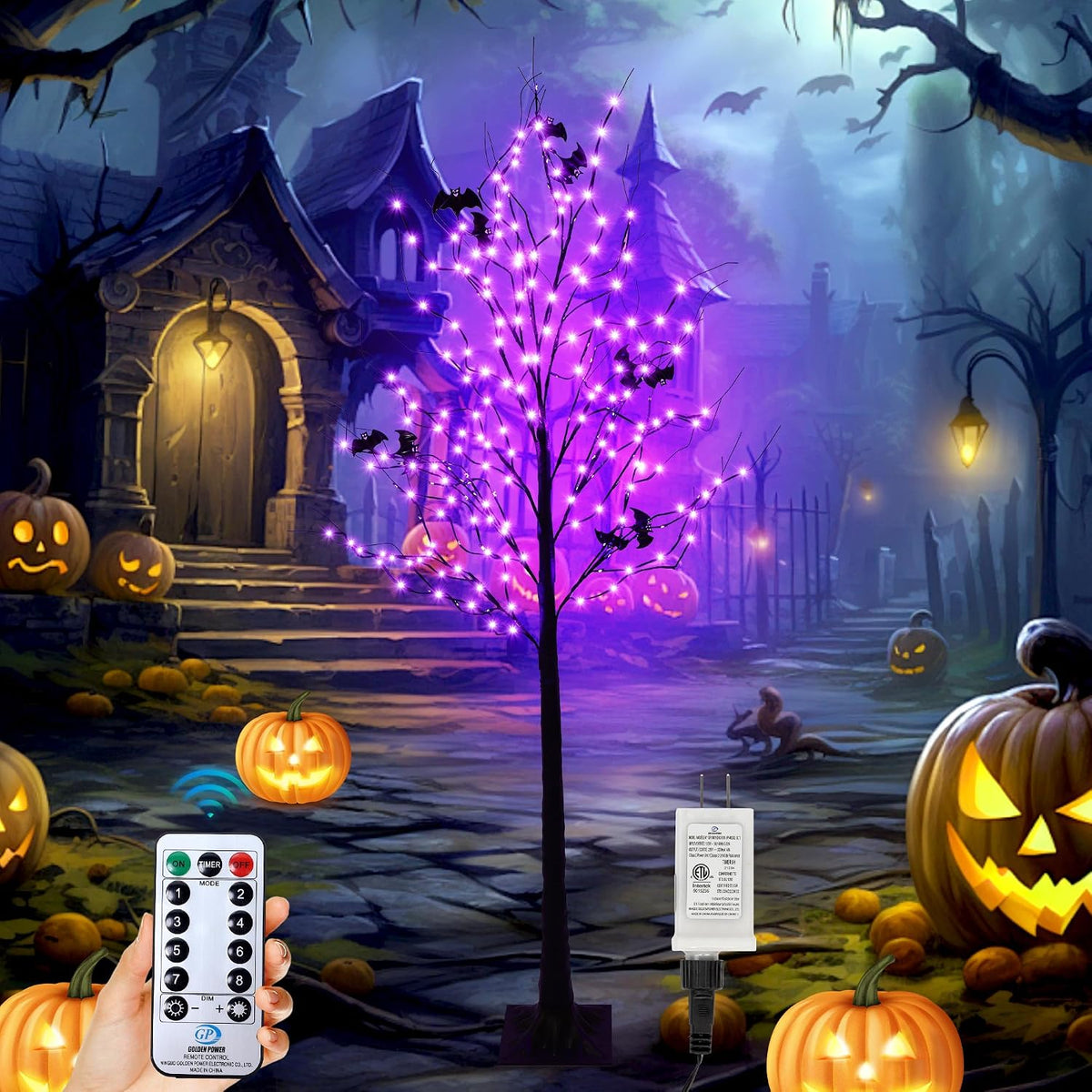 Árbol iluminado de Halloween con 260 luces LED, árbol de Halloween...
