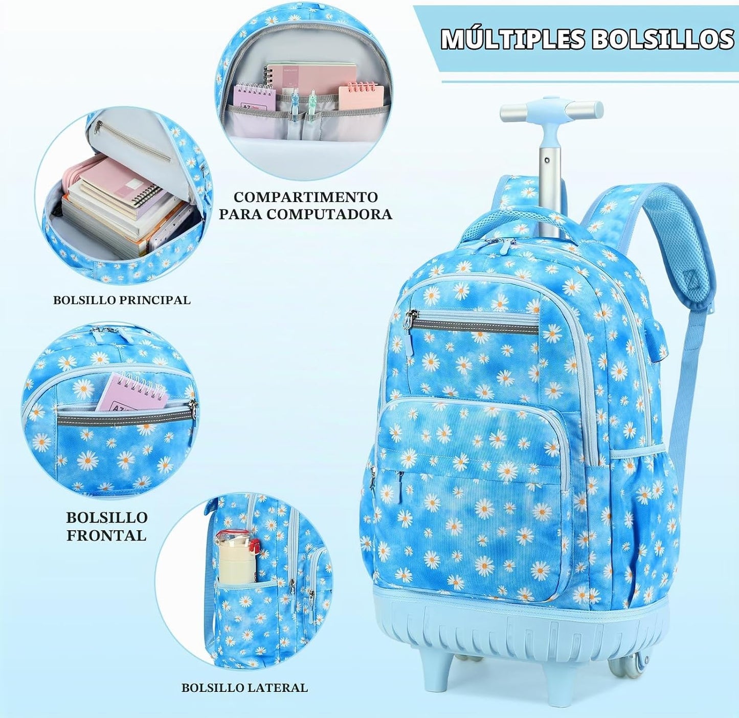 ACESAK Mochila con ruedas para niñas, mochila escolar con ruedas en...