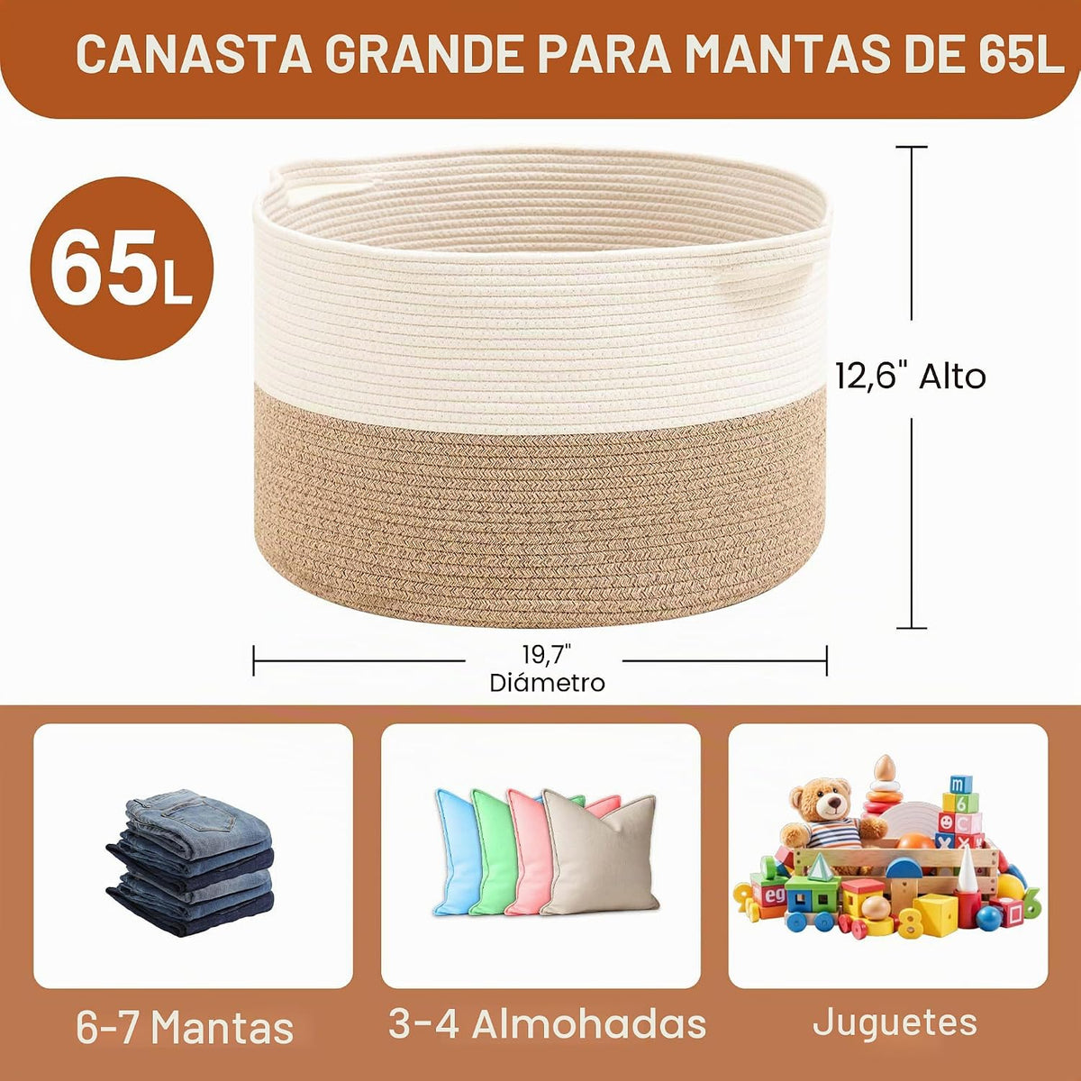 Cesta plegable para la ropa sucia con asa plegable, cuerda de algod...