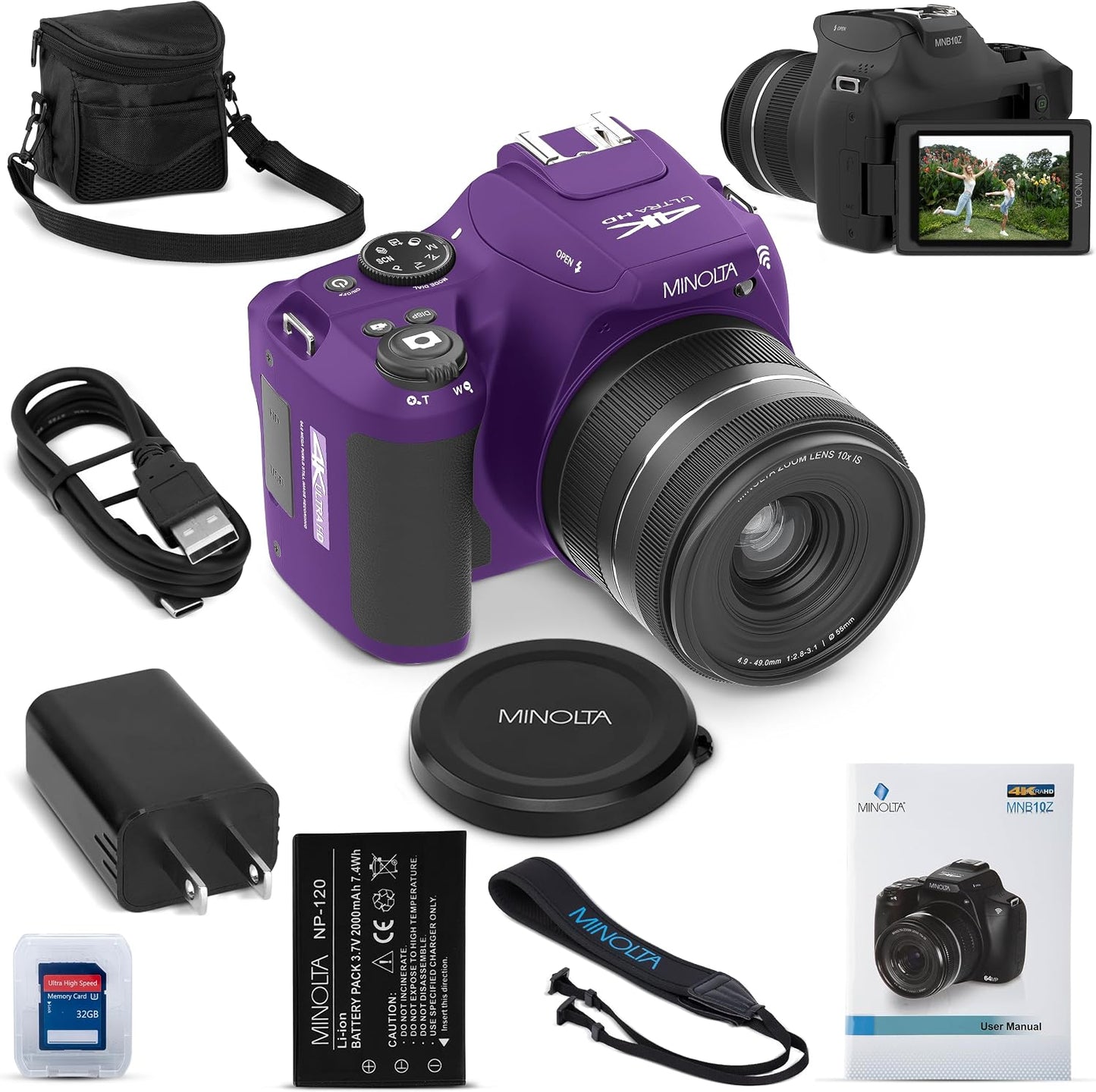 Minolta MNB10Z - Cámara puente 4K de 64 MP, zoom óptico 10X, LCD ab...