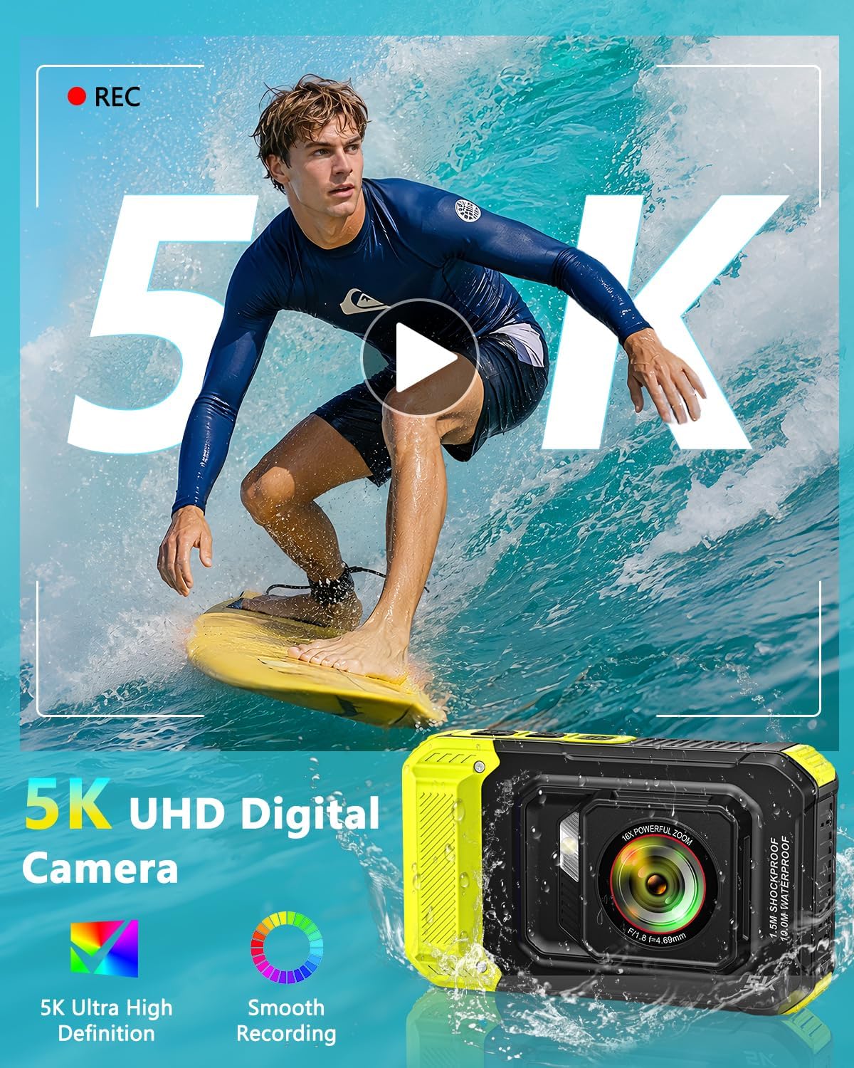 Cámara subacuática 5K 33FT Cámara digital impermeable con enfoque a...