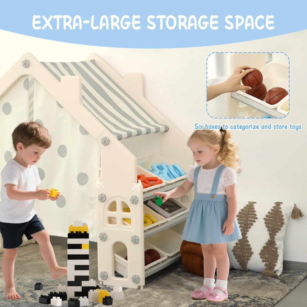 HAPPYMATY Casa de juegos para niños con cajas de almacenamiento y p...